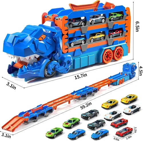 Vista 6 de Camión transportador de dinosaurios de juguete para niños de 3, 4, 5, 6 años, traje de pistas de autos para niños con 12 autos de carreras fundidos