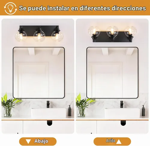 Vista 5 de LmnLvn Lámparas de baño, 3 luces de tocador de color negro mate, modernas lámparas de baño sobre espejo, luces de tocador de granja con pantalla