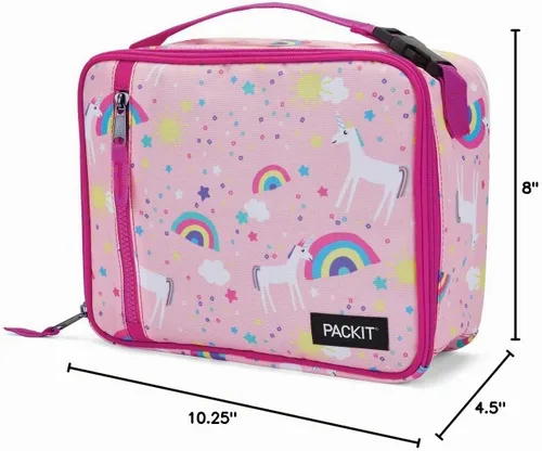 Vista 8 de PackIt Lonchera clásica congelable, color rosa cielo unicornio, fabricada con tecnología EcoFreeze, plegable, reutilizable, cierre de cremallera