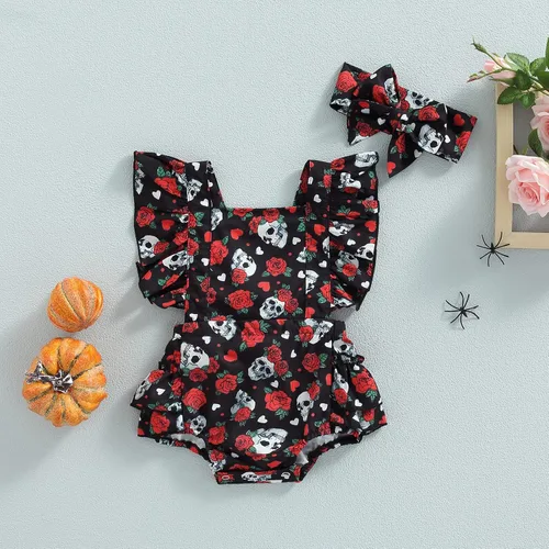 Vista 7 de GOOCHEER Ropa de Pascua para bebé niña, con correa de corbata, estampado floral, vestido con volantes y diadema