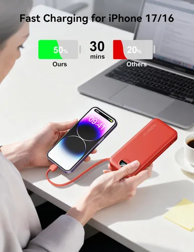 Vista 3 de Banco de poder aonidi de 12000mAh ultraportátil con cables y enchufe de pared AC incorporados, paquete de batería para teléfono celular con carga
