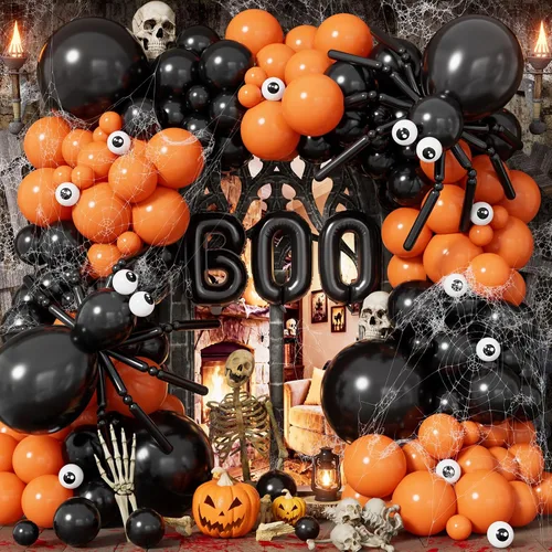 Vista 22 de Kit de arco de guirnalda de globos de Halloween, 116 globos naranjas, negros y blancos Negro + naranja