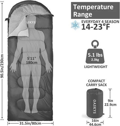 Vista 2 de Oaskys - Saco de dormir para acampar, para 3 estaciones, clima cálido y fresco, verano, primavera, otoño, ligero, resistente al agua, para adultos