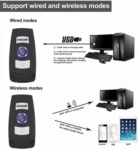 Vista 3 de Mini 2D portátil Bluetooth escáner de código de barras inalámbrico 2.4G y USB con cable 3 en 1 escáner de código de barras portátil USB QR Escáner