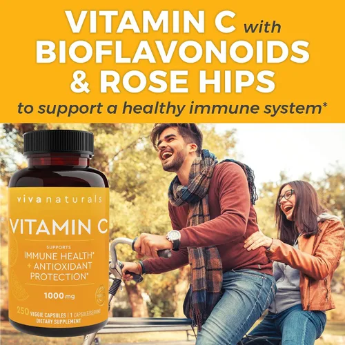 Vista 4 de Vitamina C Viva Naturals Premium Non-GMO con Bioflavonoides y escaramujos, 0.03527 oz, 250 cápsulas vegetales.