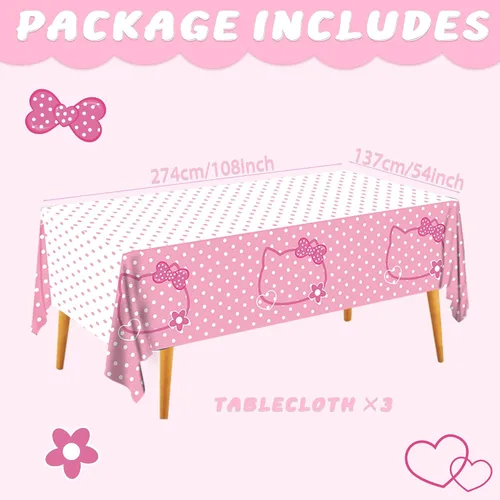 Vista 4 de 3 piezas de mantel de fiesta con lazos rosas de gatitos, lindo mantel de gatitos con puntos, rectangular desechable de 54×108 pulgadas, blanco