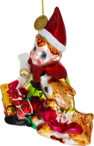 Vista 2 de Adorno navideño de cristal de elfo y ciervo
