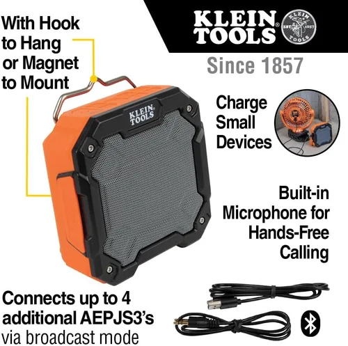 Vista 3 de KLEIN TOOLS AEPJS3 - Altavoz Bluetooth para el lugar de trabajo con imán y gancho, 20 horas de tiempo de funcionamiento, carga a través de USB A