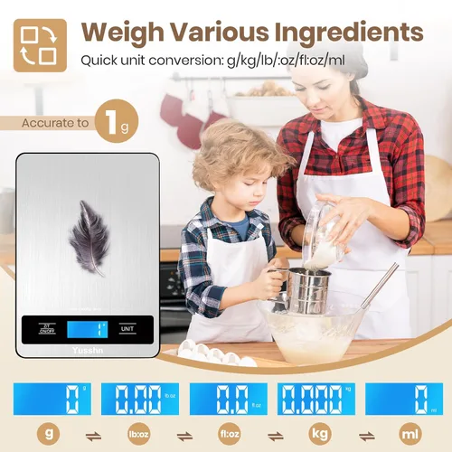Vista 3 de Báscula de alimentos, báscula de cocina de 11 libras con precisión de 0.05 oz/1 g, 6 unidades de función de tara y pantalla LCD, báscula digital