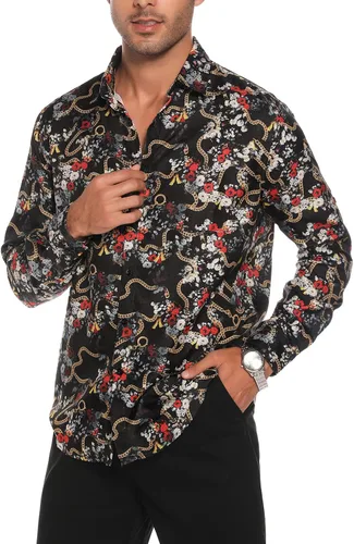 Vista 2 de EISHOPEER Camisas de vestir de lujo para hombre, estampado floral, casual, ajustada, manga larga, con botones