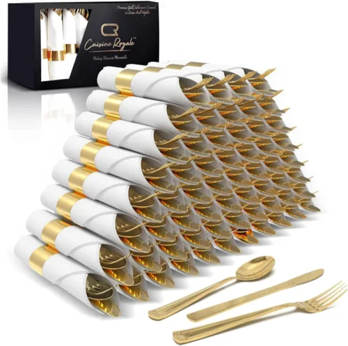 Vista 9 de Prestee Juego de cubiertos de plástico dorado de 100 piezas, 25 utensilios de plástico preenrollados con tenedores, cuchillos, cucharas
