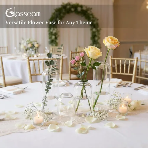 Vista 6 de Florero de cristal Glasseam para centros de mesa: 12 piezas pequeño florero a granel For Single Rose, Stem, Modern Minimalis, Clear Table