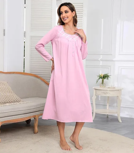 Vista 5 de Camisones largos de algodón para mujer, 100% algodón, vestido de noche de manga larga para mujer, ropa de dormir vintage A rosa