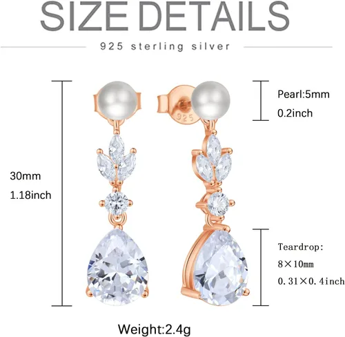 Vista 6 de Aretes de plata de ley 925 para mujer, aretes colgantes y gota de perlas con circonita cúbica 5A para mamá, madre, novia, abuela, esposa, regalos