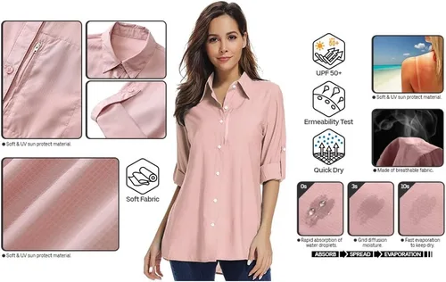 Vista 6 de Camisa de protección solar de manga larga UPF 50 para mujer, de secado rápido, para pesca, senderismo, viajes, camiseta