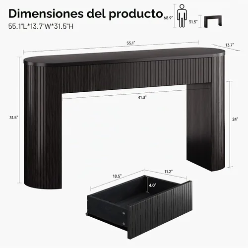 Vista 2 de Mesa consola de 55 pulgadas con 2 cajones, mesas de entrada acanaladas con almacenamiento, mesa de sofá detrás del sofá, mesas de pasillo, mesa