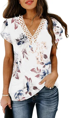 Vista 2 de Camisetas de manga corta con pétalos para mujer, cuello en V, con encaje, ajuste holgado