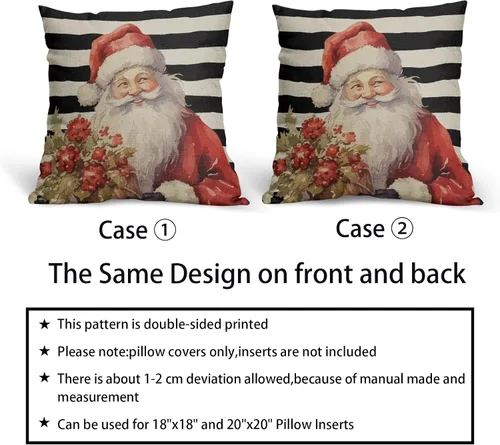 Vista 6 de Juego de 2 fundas de almohada navideñas de 20 x 20 pulgadas, diseño de Papá Noel, diseño floral rojo, a rayas, para exteriores, estilo granja