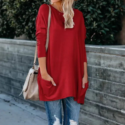 Vista 2 de Sudadera cómoda con cuello redondo para mujer, manga larga, bolsillo de color, suéter sin botones, vestido de pijama