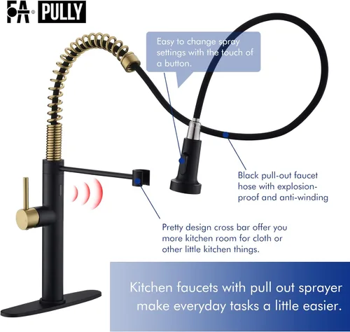 Vista 2 de Fapully Grifo de cocina sin contacto con rociador extraíble, sensor negro y dorado, grifo comercial de fregadero de cocina de una sola manija