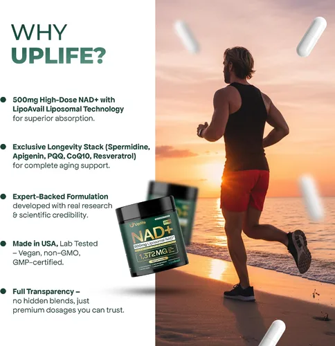 Vista 6 de UPLIFE Suplemento NAD+ 1,372 mg de NAD+ liposomal con CoQ10, resveratrol, espermidina, L-teanina, apigenina y PQQ NMNH potenciador alternativo