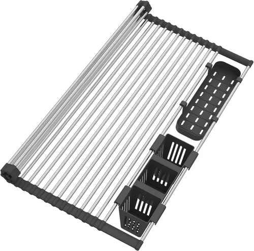 Vista 7 de Escurridor de platos enrollable negro expandible de hasta 22.8 pulgadas con 2 cestas de almacenamiento, escurridor de platos enrollable para cocina