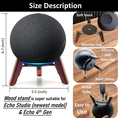 Vista 3 de Soporte de madera real para Echo Studio (nuevo modelo) 2025, Echo (4ª generación), altavoz casero, soporte de trípode de escritorio protege Alexa