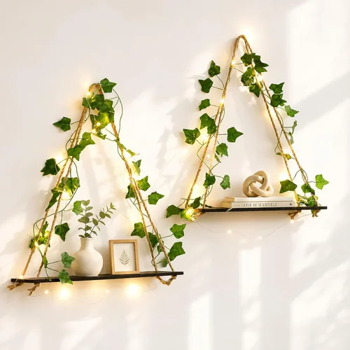 Vista 8 de Artilady Paquete de 2 estantes de madera para colgar en la pared, estantes flotantes bohemios, estante de plantas de macramé blanco, estante