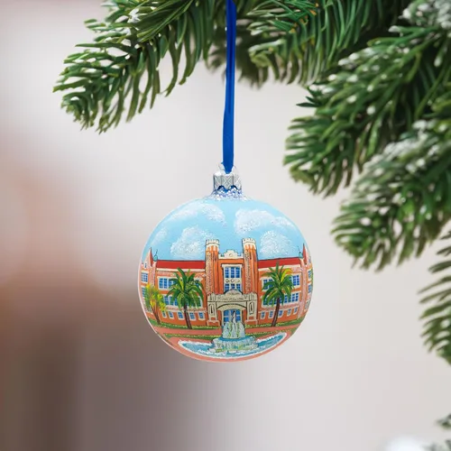 Vista 6 de Tallahassee, Florida, USA Bola de cristal Adorno de Navidad 4 pulgadas Hand Painted in Ukraine, German Glass, Italian Paints, Hanging Ribbon, Gift