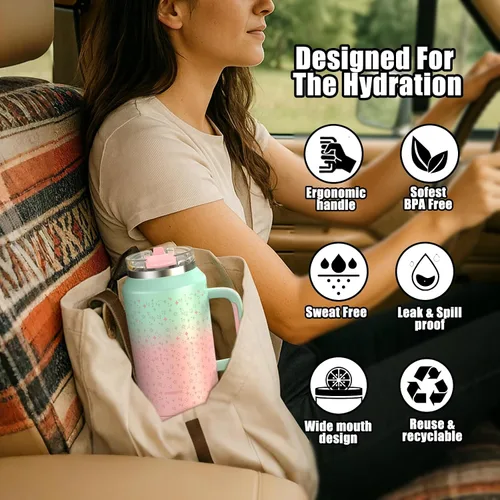 Vista 8 de Hydraful Vaso de 64 onzas con asa y pajilla, 100% a prueba de fugas, vaso aislado reutilizable, botella de agua grande de acero inoxidable, taza