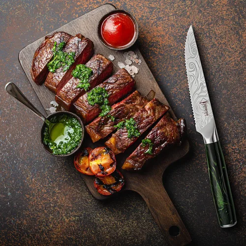 Vista 5 de SENKEN - Juego de cuchillos profesionales para carne con hermoso patrón grabado, colección Wasabi, acero de alto carbono dentado afilado y mango
