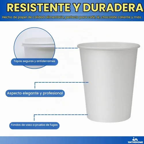 Vista 4 de Tazas de café desechables de 8 onzas con tapas, vasos de papel, color blanco, paquete de 50