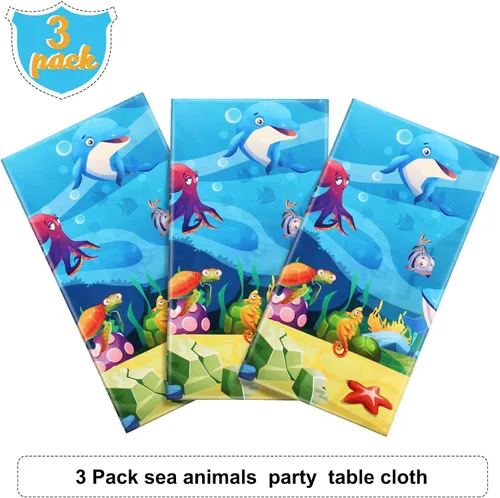 Vista 4 de Tiamon Paquete de 3 manteles para fiesta marina, animales del océano, mantel de mesa de criaturas submarinas y vida marina para niños, decoración