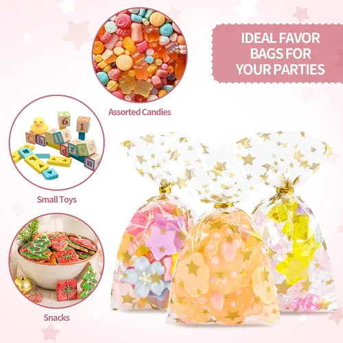 Vista 5 de 100 bolsas de celofán, bolsas de celofán transparente impresas con estrellas doradas de 3 x 5 pulgadas, 100 lazos giratorios, para envolver regalos