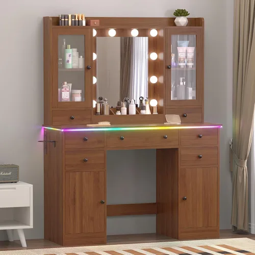 Vista 29 de Escritorio de maquillaje con espejo y luces, tocador negro de 43 pulgadas con parte superior de cristal, almacenamiento de joyas, 3 cajones