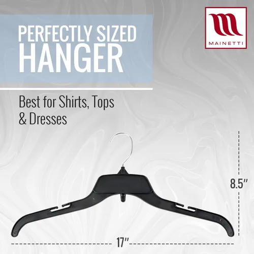 Vista 3 de Mainetti 485 - Ganchos de plástico negro con garfio giratorio de metal y muescas para tirantes, ideal para camisas, tops y vestidos, miden 38 cm