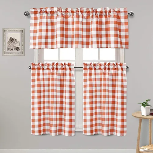 Vista 16 de Hiasan - Juego de cortinas semitraslúcidas a cuadros con cenefa y paneles de cocina, filtro de luz Buffalo a cuadros, color aguamarina y blanco
