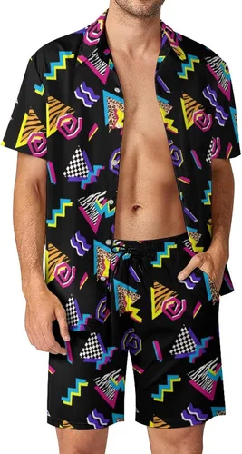 Vista 6 de Conjunto de 2 piezas retro para hombre, conjunto de chándal hawaiano de los años 80 y 90, camisas, pantalones cortos de playa y sombrero de pescador