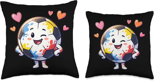 Vista 3 de Adorable Soccer Ball Character Colorful Hearts Throw Pillow