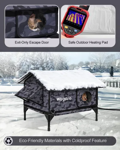 Vista 3 de Casa climatizada a dos aguas para gatos exteriores en invierno, 100% impermeable, puerta de escape, elevada, refugio aislado para gatos al aire