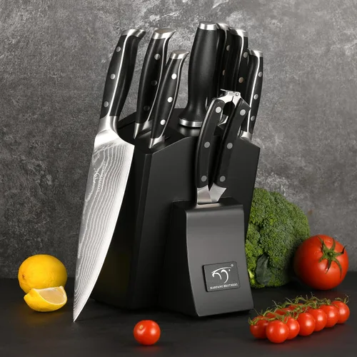 Vista 8 de Juego de cuchillos de cocina Damasco con bloque – Acero VG10 de 67 capas ultra afilado, mangos con triple remache, cuchillos de chef, Santoku Negro