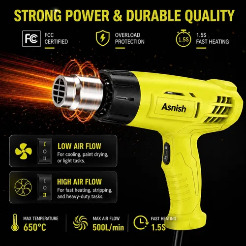 Vista 2 de Asnish Heat Gun 1500W, Hot Air Gun Kit Dual Temperature Settings 572℉~932℉