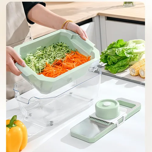 Vista 3 de Rallador de mandolina con cesta de drenaje, rallador de alimentos con contenedor, triturador de cocina 6 en 1 de acero inoxidable, rallador