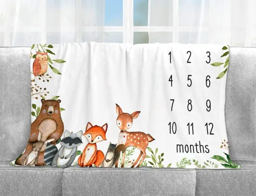 Vista 2 de Yuzioey Woodland Baby - Manta mensual de hitos de animales del bosque, manta mensual de crecimiento del bebé, Watch Me Grow Woodland Forest Nursery