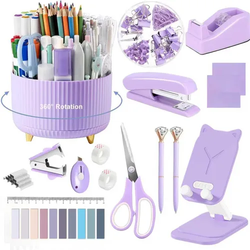 Vista 24 de Suministros de oficina, accesorios de escritorio negros, juego de suministros de oficina, juego de grapadora y dispensador de cinta, tijeras