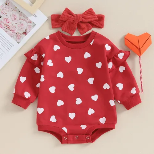 Vista 44 de SOLILOQUY Traje de manga larga con cuello redondo para el primer día de San Valentín para bebé niño y niña, mameluco de corazón de amor