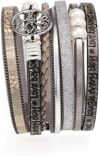 Vista 3 de SuYi - Pulsera de cuero trenzado de múltiples capas, con hebilla magnética