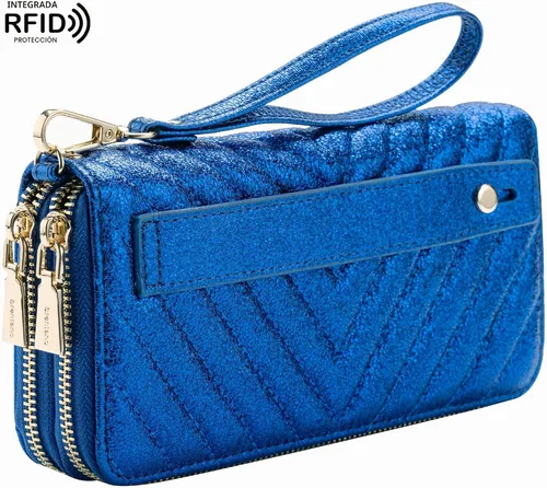 Vista 3 de B BRENTANO Cartera de cuero vegano con doble cremallera y bolsillo con correa de mano con agarre, azul Glitter