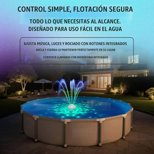 Vista 5 de Skywin Altavoz flotante para piscina con fuente y luces RGB, tiempo
