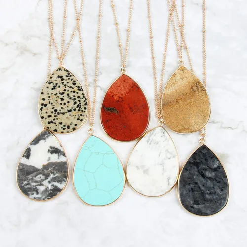 Vista 7 de RIAH FASHION Collar largo con colgante de piedra natural bohemia, dije de lágrima de cadena con dije bohemio, drusa de piedra cruda ovalada, cuarzo